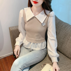 MY3570#时尚娃娃领假两件长袖衬衫小心机气质短款显瘦内搭上衣