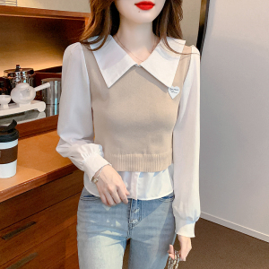 MY3570#时尚娃娃领假两件长袖衬衫小心机气质短款显瘦内搭上衣