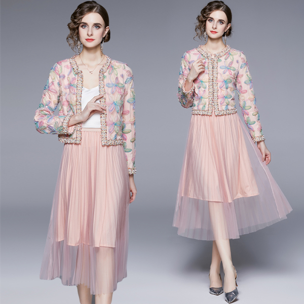 RM5278#高定甜美花朵珍珠网纱开衫＋网纱气质半裙时尚两件套