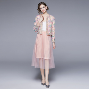RM5278#高定甜美花朵珍珠网纱开衫＋网纱气质半裙时尚两件套