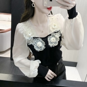 RM682#拼接针织立体花朵上衣长袖春装新款超仙小众T恤