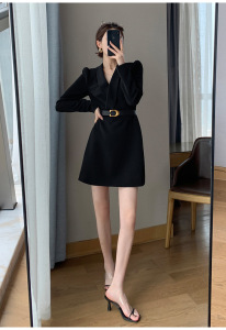 PS54869# 黑色连衣裙秋装新款西装领收腰显瘦气质女神范小黑裙 服装批发女装直播货源