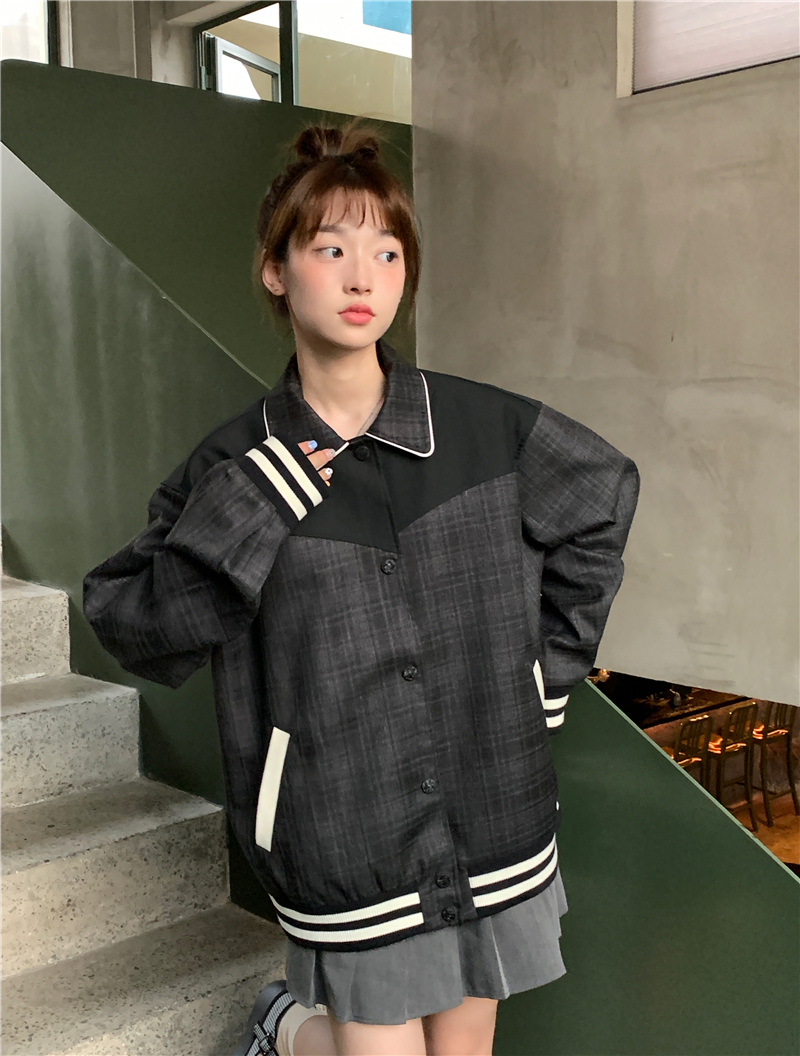 Actual shot~~Autumn and winter high-end design stitching concealed grid baseball uniform jacket~