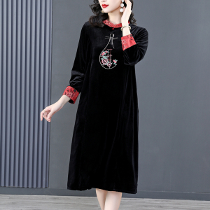 RM22588#桑蚕丝绒连衣裙国风版复古时尚改良旗袍优雅高端妈妈裙子