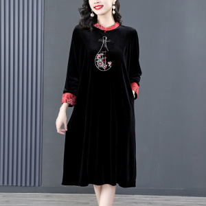 RM22588#桑蚕丝绒连衣裙国风版复古时尚改良旗袍优雅高端妈妈裙子