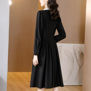 KM25100#黑色羊毛连衣裙秋季新款2022年流行中长款单排扣长袖裙子