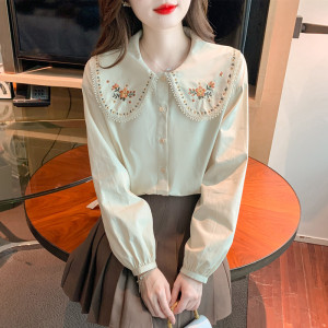 RM2224#新款刺绣娃娃领泡泡袖衬衫女设计感小众百搭上衣