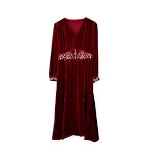 RM3264#新款丝绒连衣裙女新款妈妈秋装红色婚宴装礼服真丝长袖裙子
