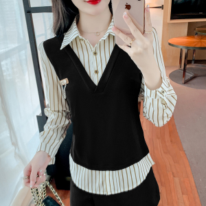KM25583#新款韩版洋气假两件拼接条纹衬衫女设计感小众长袖上衣潮