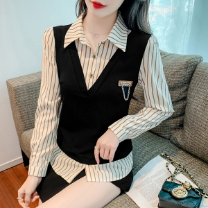 KM25583#新款韩版洋气假两件拼接条纹衬衫女设计感小众长袖上衣潮