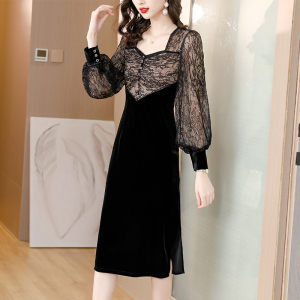 KM25355#黑色蕾丝丝绒连衣裙女长袖秋季法式气质性感开叉长裙子礼服