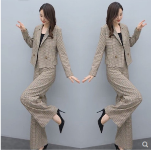 PS61712# 格子西装套装女春秋季新款韩版洋气减龄气质时尚阔腿裤两件套 服装批发女装服饰货源