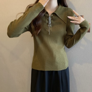 KM25205#秋冬新款设计感时尚翻领polo领坑条针织衫显瘦上衣女