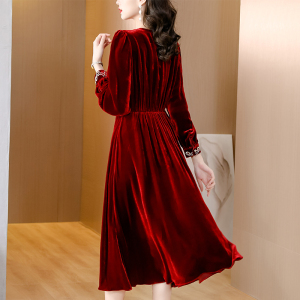 RM22959#丝绒连衣裙女新款妈妈秋装红色婚宴装礼服真丝长袖裙子