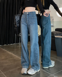KM25174#新款设计感方形口袋牛仔裤女高腰显瘦直筒长裤