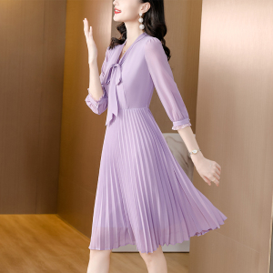 KM25069#紫色时尚泡泡袖雪纺连衣裙2022新款秋女收腰气质百褶裙