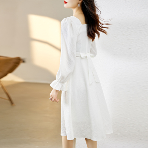 PS55551# 白色方领中长款连衣裙秋季新款法式温柔小个子超仙裙  服装批发女装直播货源
