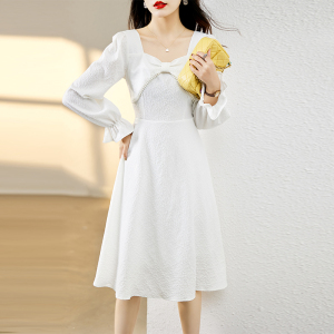 PS55551# 白色方领中长款连衣裙秋季新款法式温柔小个子超仙裙  服装批发女装直播货源