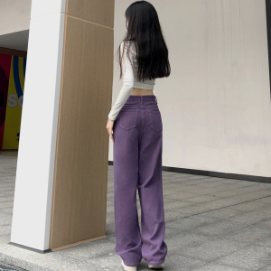 KM25467#韩系显瘦紫色阔腿牛仔裤女2022秋季新款高腰直筒宽松长裤潮流