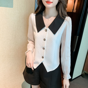 PS65414# 秋季时尚气质小衫修身高级别致女上衣 撞色娃娃领长袖雪纺衫
