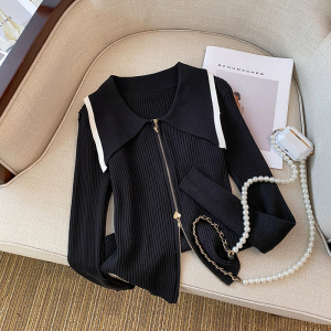 TR15547# 小香风双拉链黑色针织衫女新款修身显瘦高级感Polo领上衣 服装批发女装直播货源