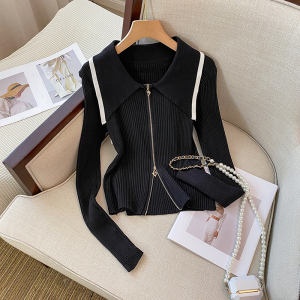TR15547# 小香风双拉链黑色针织衫女新款修身显瘦高级感Polo领上衣 服装批发女装直播货源