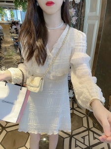 KM25319#连衣裙2022新款高端白色裙子长袖气质蛋糕裙
