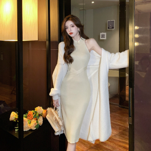 PS59413# 韩风简约长款毛衣外套+紧身包臀背心裙套装 服装批发女装服饰货源