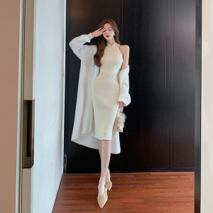PS59413# 韩风简约长款毛衣外套+紧身包臀背心裙套装 服装批发女装服饰货源