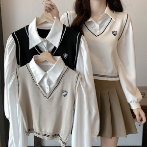 CX9669# 最便宜服装批发 秋冬新款韩版设计感学院风Polo领衬衫拼接马甲长袖上衣