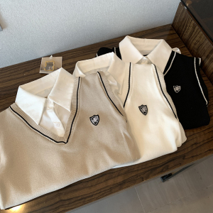 KM25154#新款韩版设计感学院风Polo领衬衫拼接马甲长袖上衣