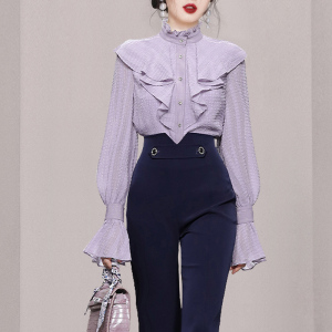 KM27569#新款时尚气质灰紫色衬衫衬衣藏蓝色喇叭裤裤子套装潮