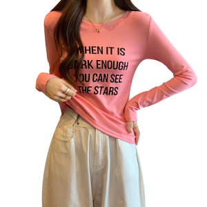 KM25350#韩版打底衫T恤女2022秋季新款圆领字母印花正肩修身长袖上衣