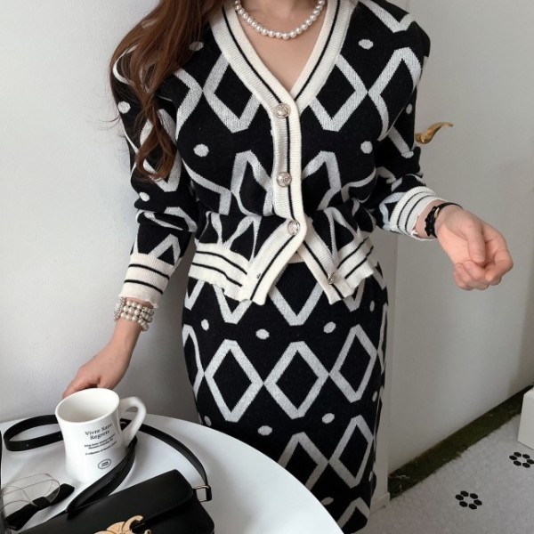 KM29864#韩版chic 小香风针织套装气质名媛开衫外套裙子两件套
