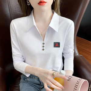MY3520#纯棉白色长袖t恤女春秋设计感修身薄款POLO领内搭打底衫气质上衣