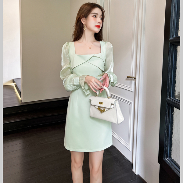 RM23524#新款法式连衣裙方领设计感长袖裙子