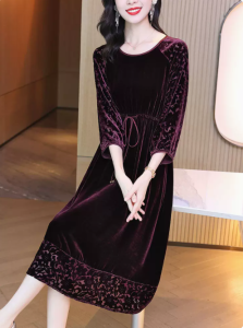 RM3142#真丝绒连衣裙新款高端奢华贵夫人显瘦裙子大码欧货洋气裙