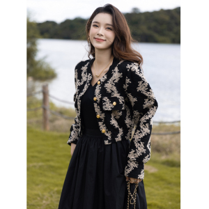 PS57568# 韩版女装黑色小香风外套复古港风气质高级感短款上衣 服装批发