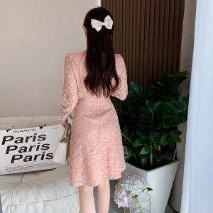 PS63826# 秋季新款法式复古气质显瘦粉色蕾丝连衣裙 服装批发女装服饰货源