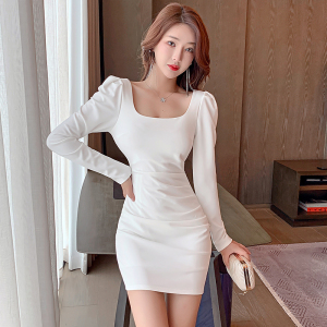 Bubble Sleeves Solid Color Slim Wrapped Hip Skirt Temperament Slim Dress Long Sleeves