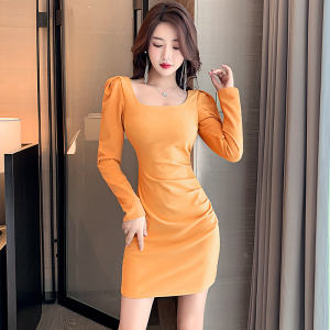 Bubble Sleeves Solid Color Slim Wrapped Hip Skirt Temperament Slim Dress Long Sleeves