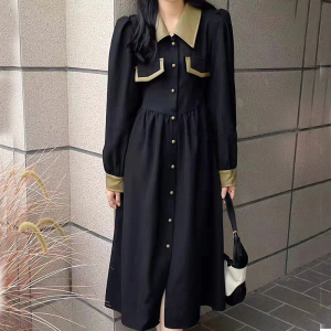 KM25573#新款配大衣法式御姐炸街高级感皮拼接小众长袖连衣裙