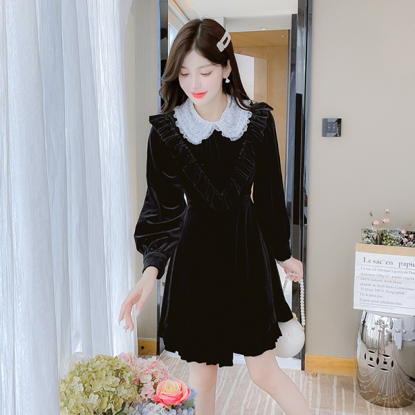 KM31059#高级感气质收腰显瘦丝绒裙子法式小香风黑色连衣裙秋装新款