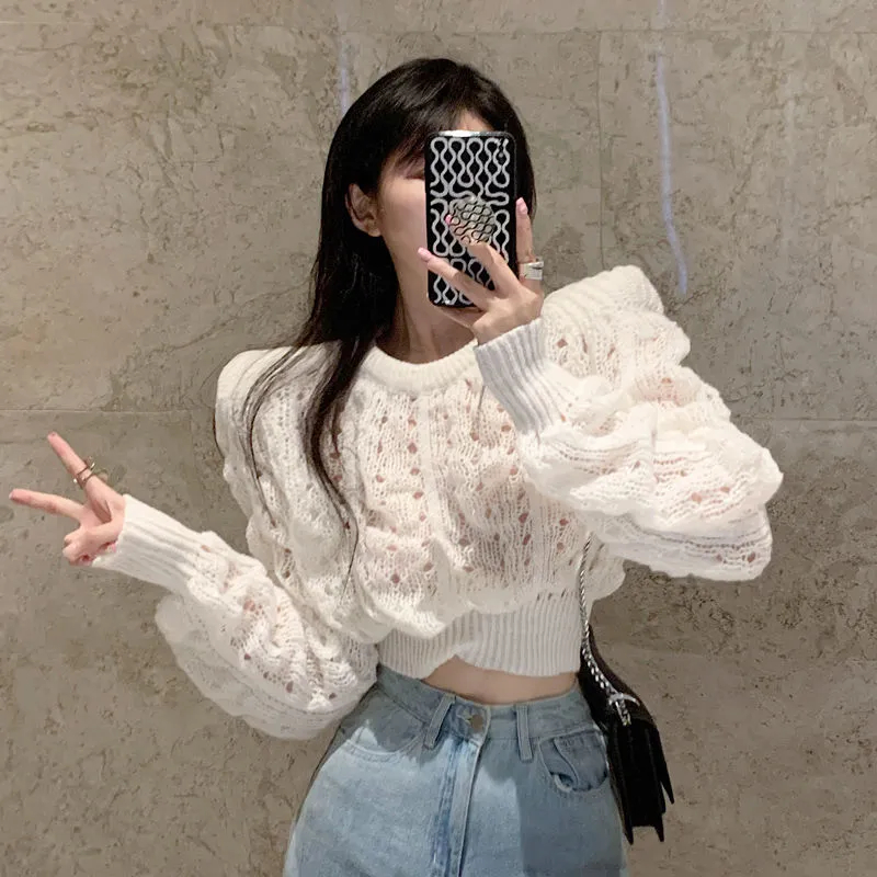 Women's autumn sweet hot girl white hollow long-sleeved sweater soft waxy pullover slim temperament sweater top lazy wind