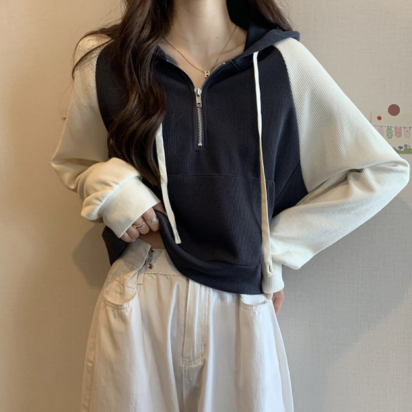 RM3784#韩版新款长袖卫衣女拼接插肩袖拼色拉链连帽上衣外穿潮
