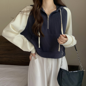 RM3784#韩版新款长袖卫衣女拼接插肩袖拼色拉链连帽上衣外穿潮