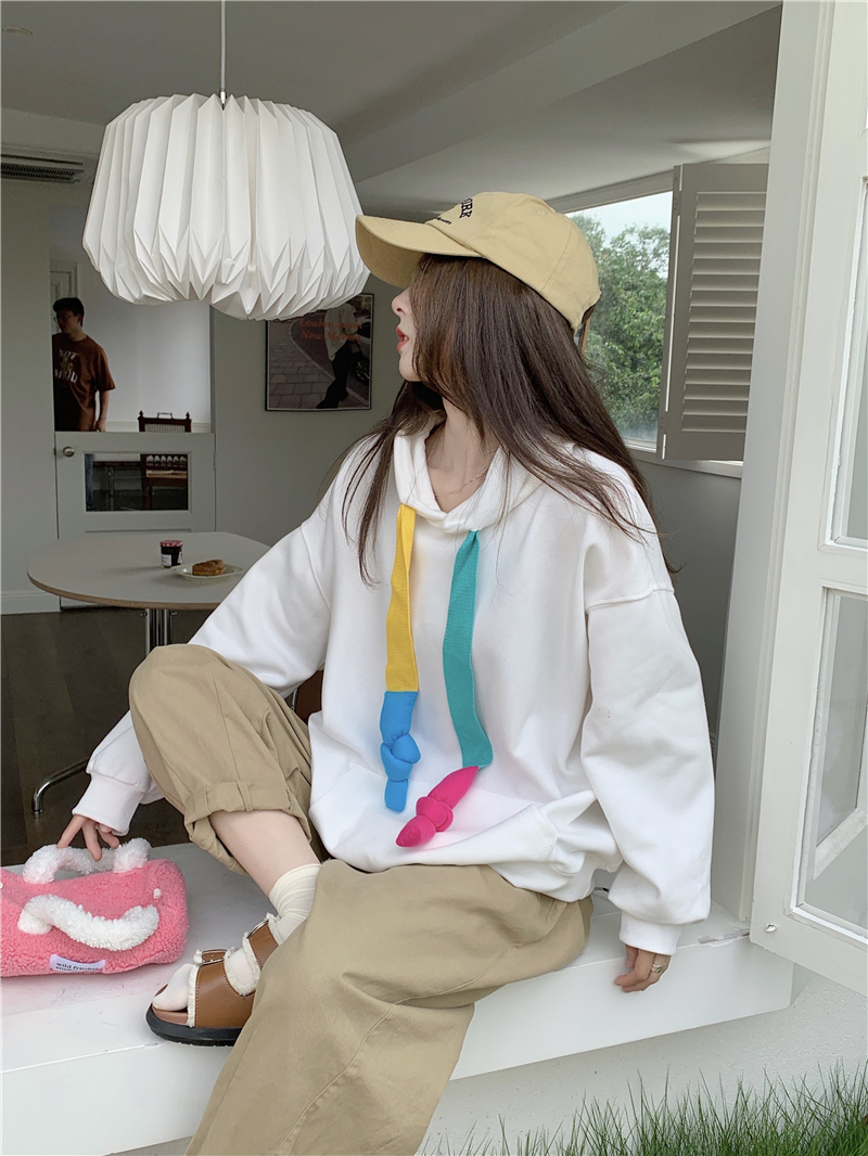 实拍韩版设计感彩色彩带连帽休闲显瘦宽松卫衣