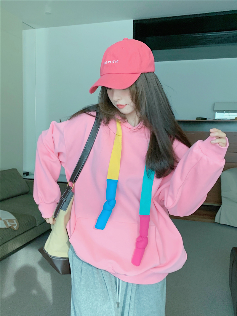 实拍韩版设计感彩色彩带连帽休闲显瘦宽松卫衣
