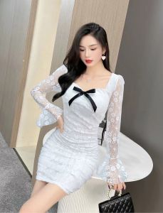 Off shoulder lace cut out sexy long sleeve wrap bottom dress