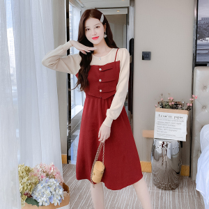 KM30437#新款韩版撞色拼接显瘦假两件套针织连衣裙加厚打底裙